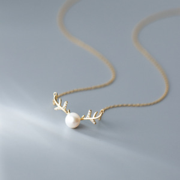 A44827 s925 silver christmas deer pearl simple sweet pendant rhinestone necklace