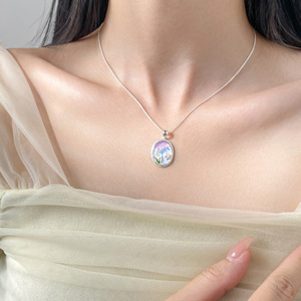 A45890 s925 silver trendy sweet pearl oval necklace