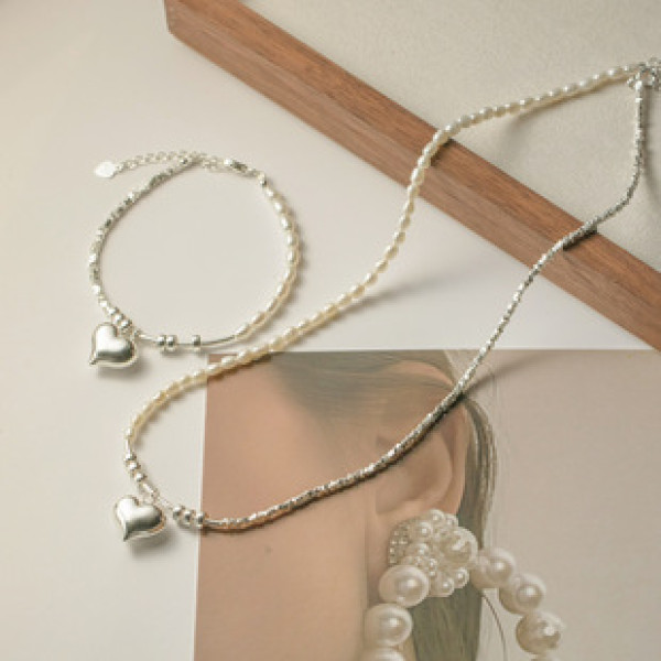 A39699 s925 sterling silver heart pearl charm elegant necklace bracelet