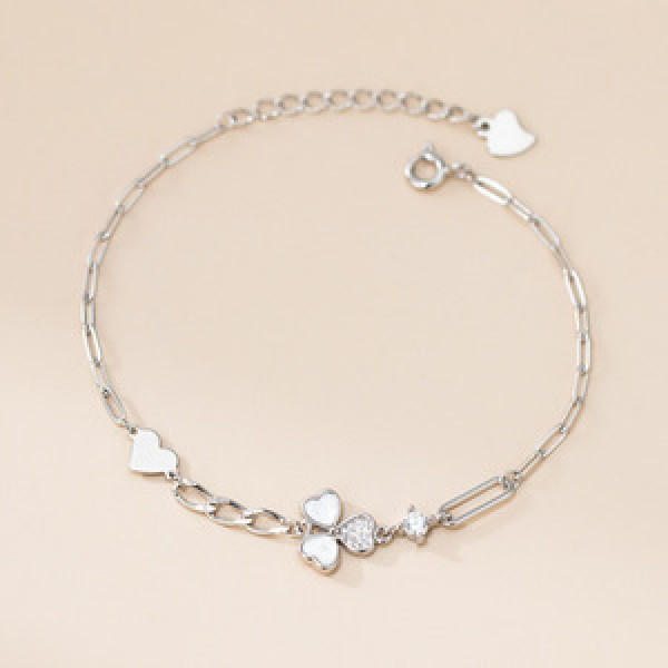 A45741 s925 silver trendy sweet dainty rhinestone white flower heart charm bracelet