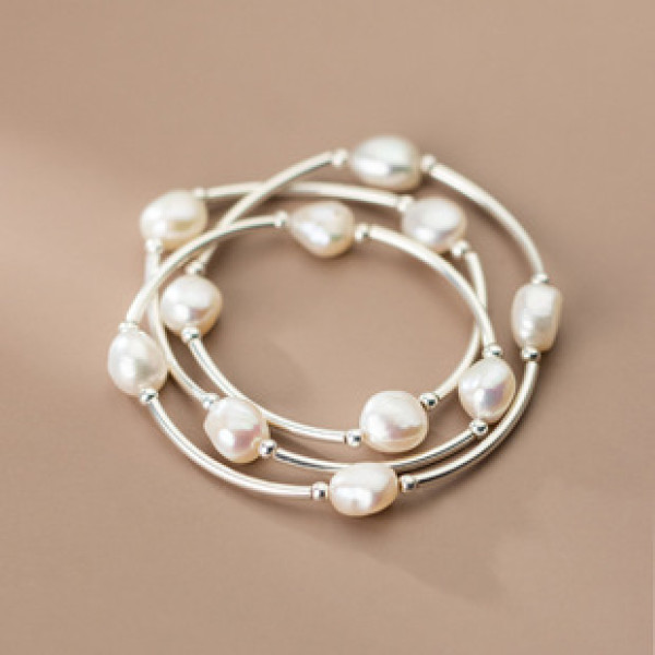 A34215 s925 sterling silver chic trendy pearl layered stretchy rope beaded bracelet