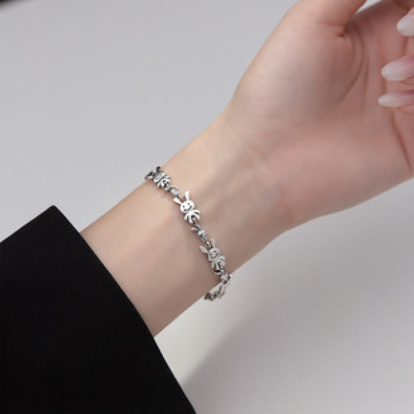 A37455 s925 sterling silver thai rabbit charm vintage bracelet