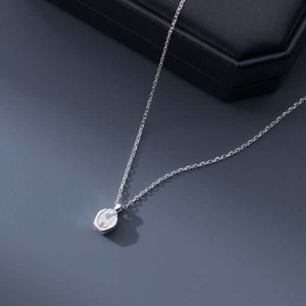 A44988 s925 silver sweet dainty geometric oval rhinestone necklace