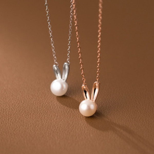 A38752 s925 sterling silver simple pearl rabbit sweet dainty necklace