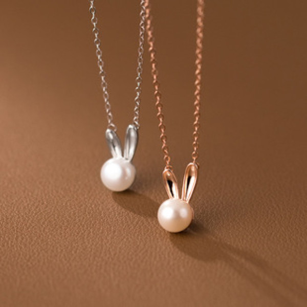 A38575 s925 sterling silver simple pearl rabbit sweet dainty necklace