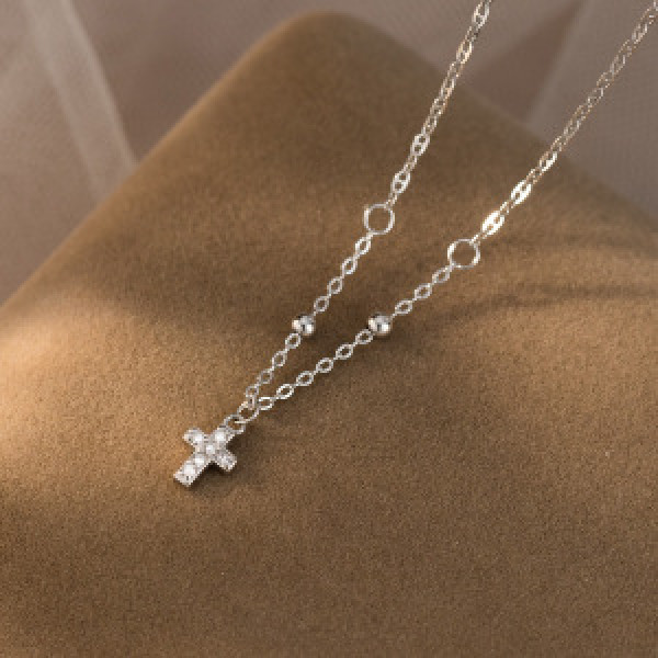 A44742 s925 silver dainty simple cute rhinestone cross necklace
