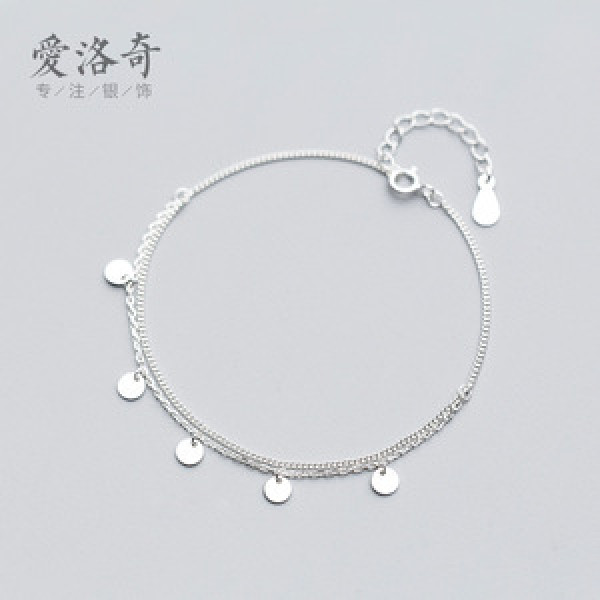 A44137 s925 silver trendy double layered circle charm cute plate sweet bracelet
