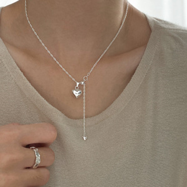 A44241 s925 sterling silver double bead sweet heartshape heart fringe necklace