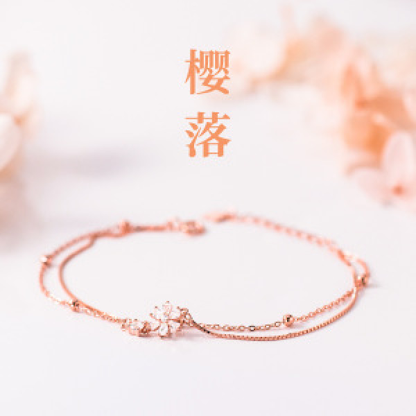 A44763 s925 silver trendy sweet rhinestone flower double layered charm bracelet