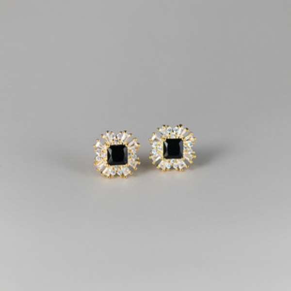 A43143 s925 sterling silver vintage circle black square rhinestone stud design earrings
