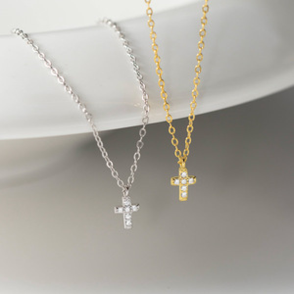 A44316 s925 silver dainty rhinestone cross necklace