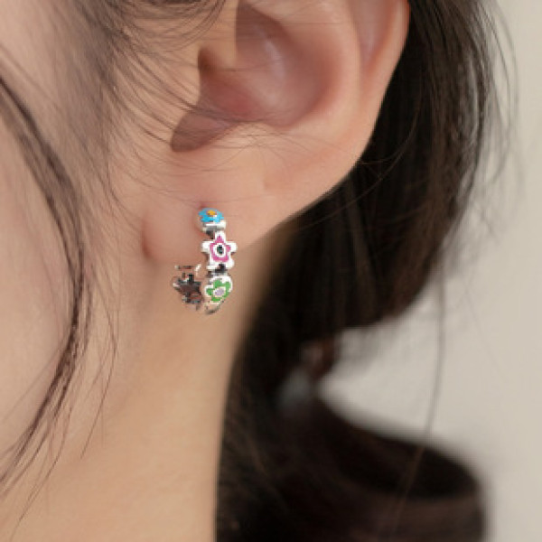 A39598 s925 sterling silver glazed enamel colorful flower earrings