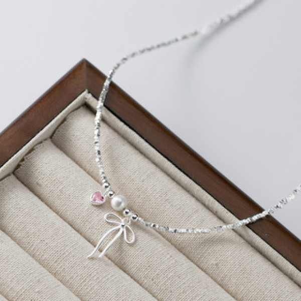A43234 s925 sterling silver sweet pink heart butterfly necklace