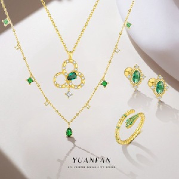 A46346 s925 sterling silver grade green cubic zirconia stud earrings necklace set