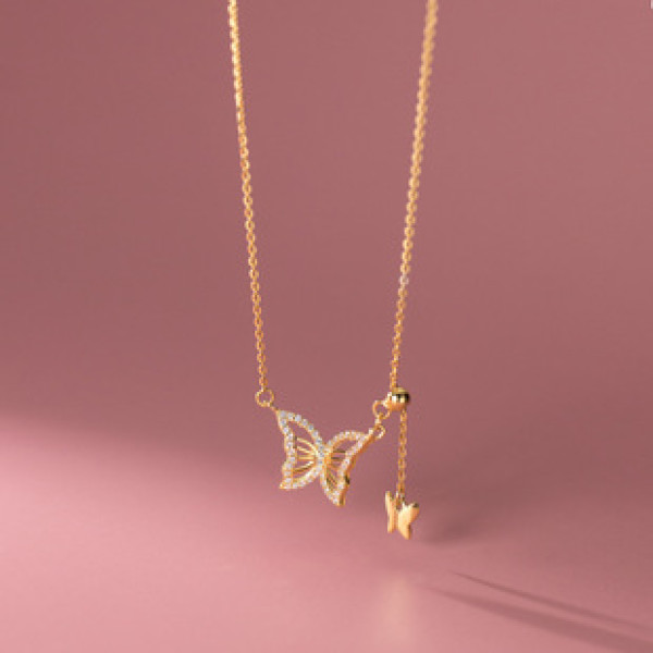 A36747 s925 sterling silver rhinestone butterfly necklace