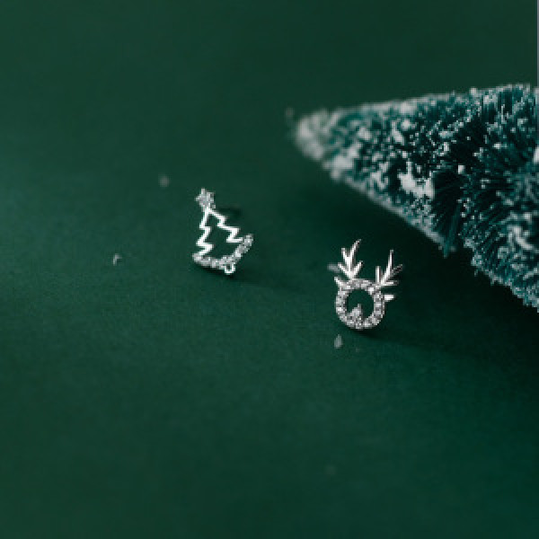A44795 s925 sterling silver deer stud symmetric rhinestone christmas tree earrings