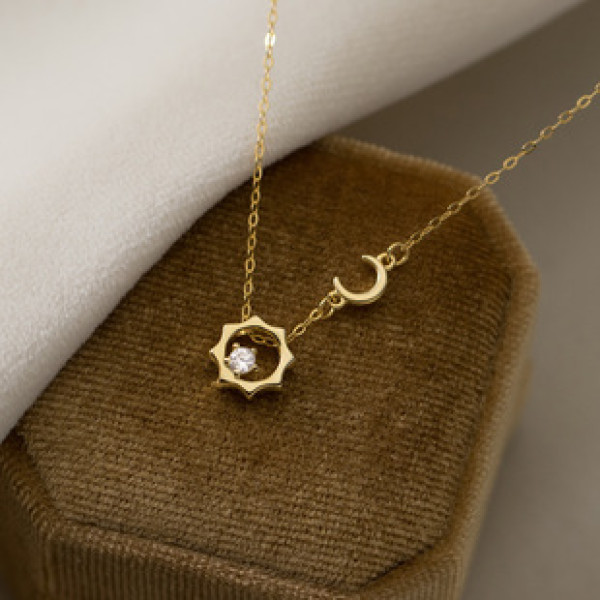 A36762 s925 sterling silver rhinestone sun crescent cute sweet necklace