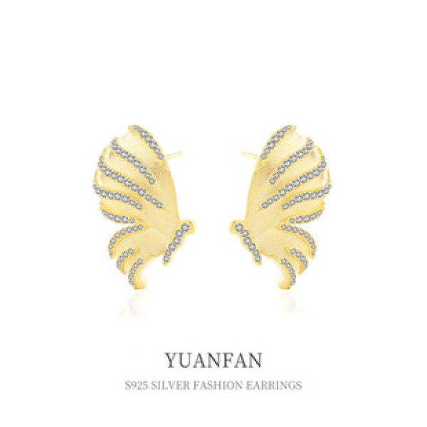 A38624 sterling silver big gold metal butterfly stud cubic zirconia earrings