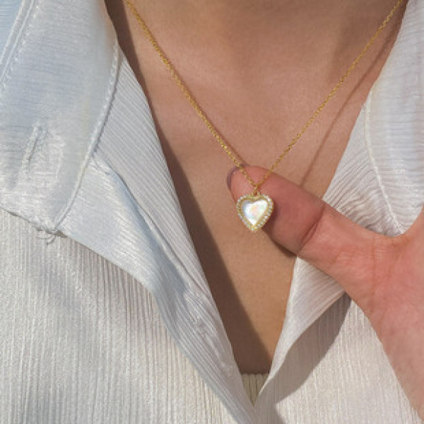 A43366 s925 silver shell heart elegant heartshape rhinestone choker necklace
