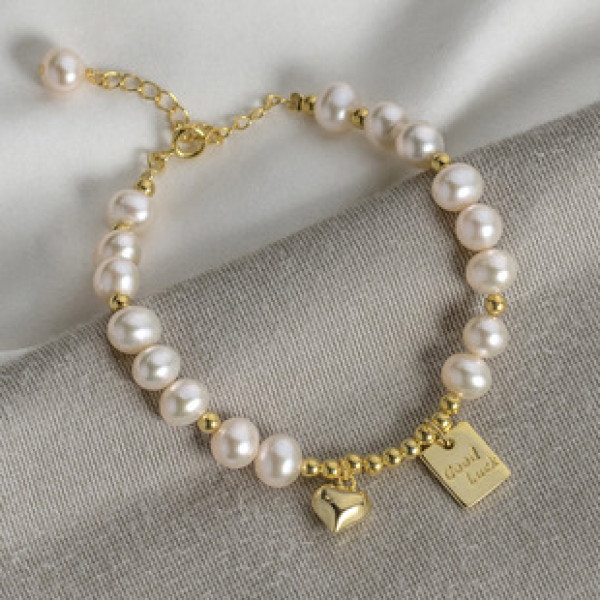 A40210 s925 sterling silver pearl heart charm vintage design elegant bracelet