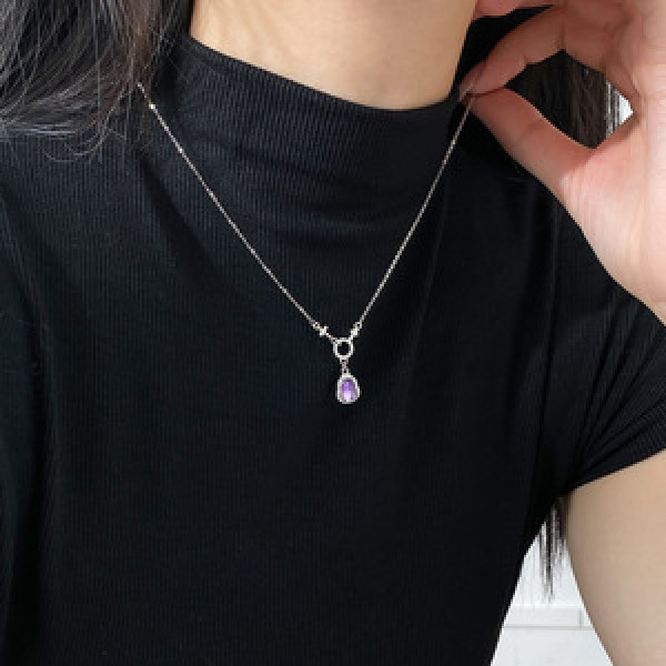 A45720 s925 silver trendy sweet rhinestone purple crystal circle necklace
