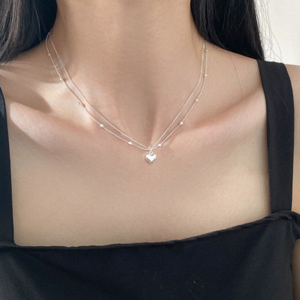 A45814 s925 silver trendy sweet dainty heart square double layered necklace