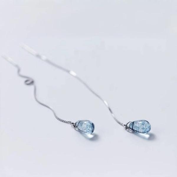 A44939 s925 sterling silver fashion blue teardrop string elegant long earrings