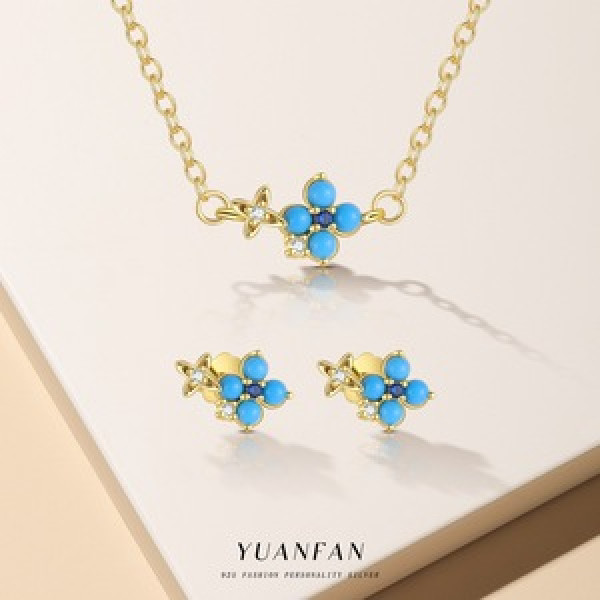 A46341 s925 sterling silver green turquoise stud earrings set necklace
