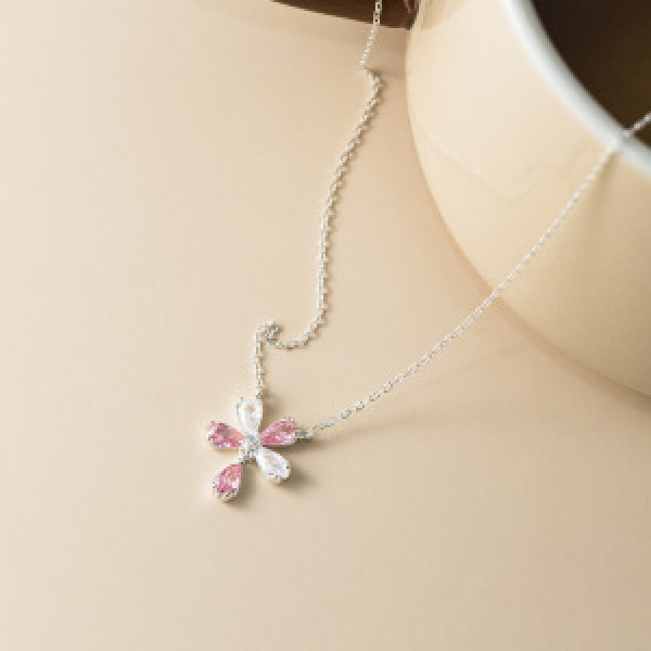 A46405 s925 silver sweet teardrop pink rhinestone necklace