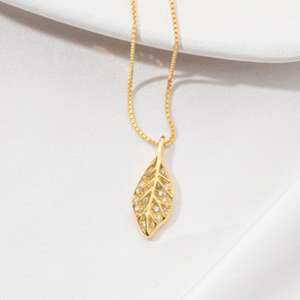 A39971 s925 sterling silver gold design tree leaf pendant necklace
