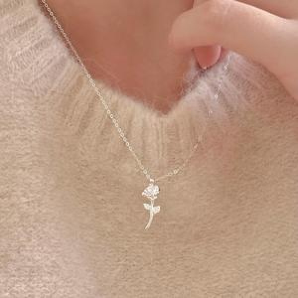 A45176 sterling silver rose simple elegant necklace