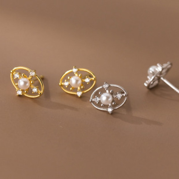 A38068 s925 sterling silver rhinestone oval hollowed stud vintage design earrings