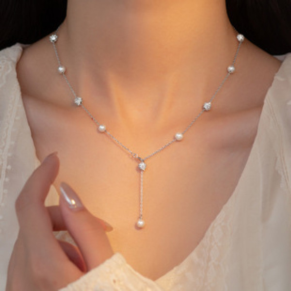 A39617 s925 silver rhinestone circle simple long artificial necklace