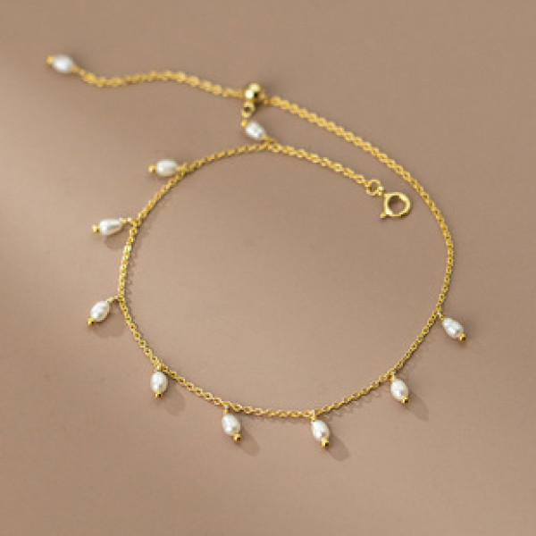 A34279 s925 sterling silver pearl tassel anklet trendy simple chic adjustable bracelet