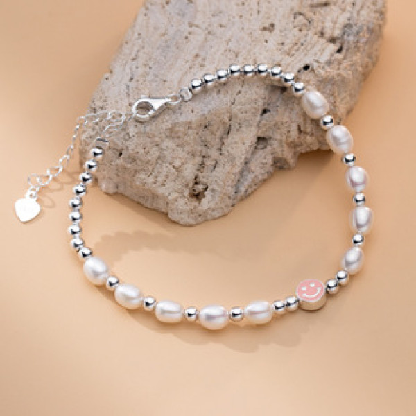 A41779 s925 sterling silver unique cute smilingface pearl charm elegant trendy bracelet