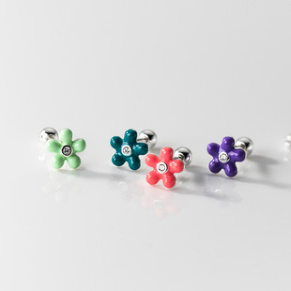 A38054 s925 sterling silver simple stud colorful flower sweet earrings