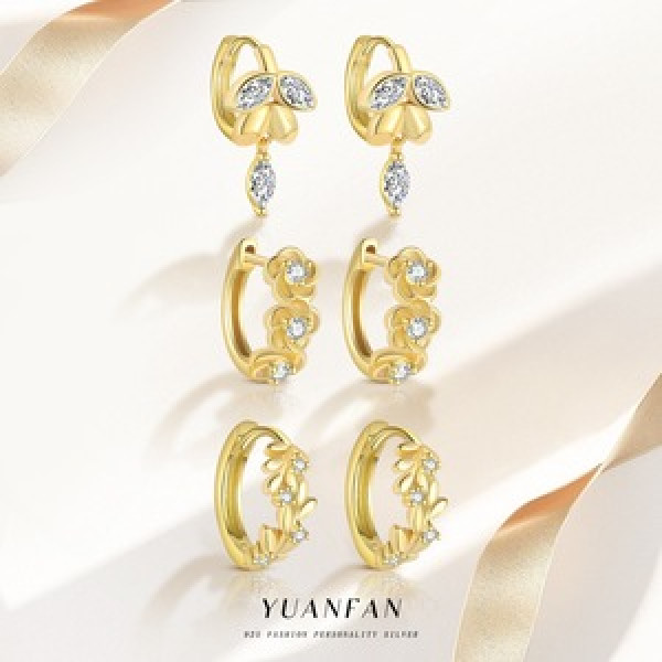 A46332 s925 sterling silver leaf fashion cubic zirconia hoop elegant flower earrings