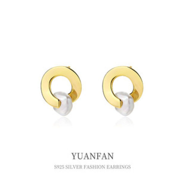 A37542 sterling silver geometric circle stud vintage pearl earrings