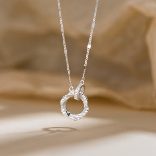 A44414 s925 silver trendy sweet rhinestone circle necklace