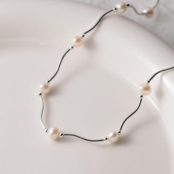 A42156 s925 silver weave bead pearl necklace