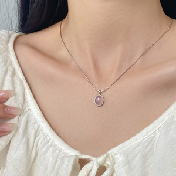 A43784 s925 sterling silver trendy sweet oval pink stone necklace
