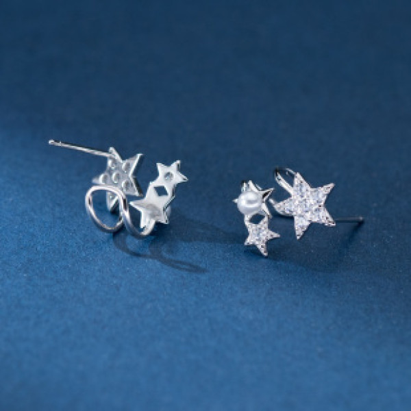 A40969 s925 sterling silver rhinestone stars artificial pearl clipon design earrings