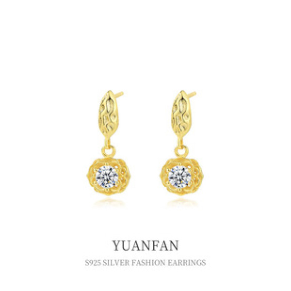 A39705 sterling silver wrinkled flower stud unique cubic zirconia dangle earrings