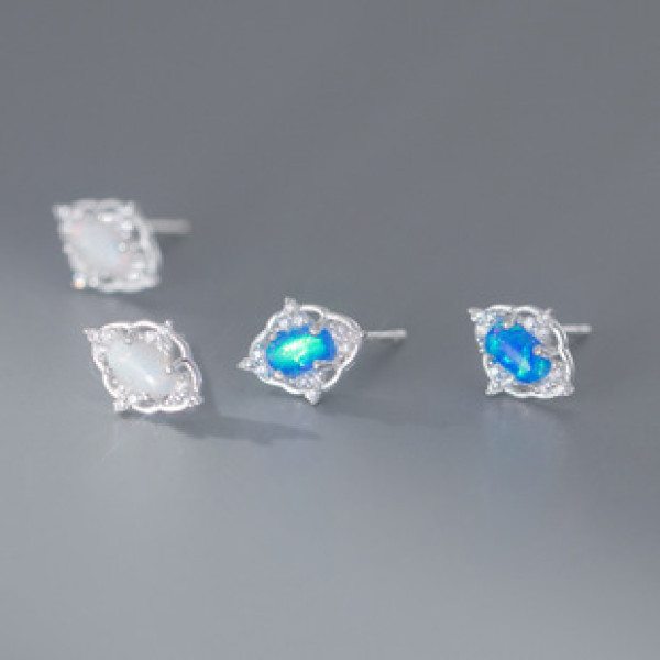A41615 s925 sterling silver rhombic rhinestone artificial opal stud earrings