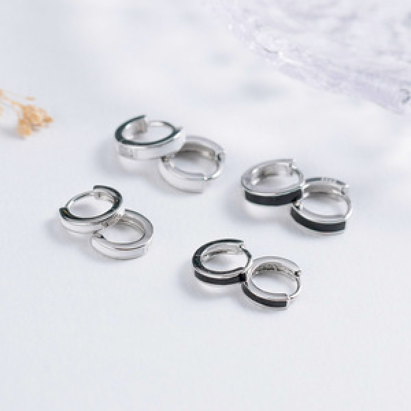A44239 s925 silver black white glazed simple unique cute hoop earrings