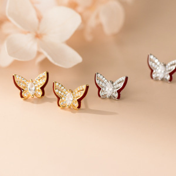 A45923 s925 sterling silver sparkling rhinestone hollowed butterfly stud earrings