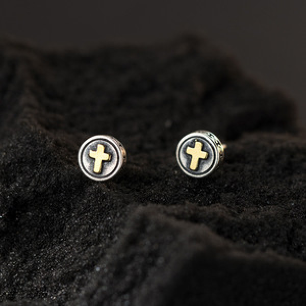 A46065 s925 sterling silver simple thai gold cross circle stud earrings
