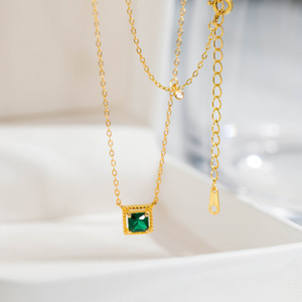 A44190 s925 silver trendy sweet green square rhinestone necklace
