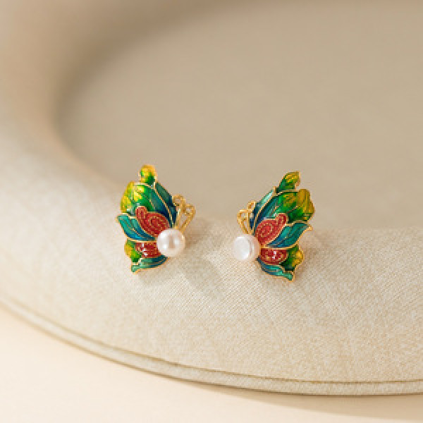 A45545 s925 sterling silver sweet gold enamel dainty pearl butterfly stud earrings