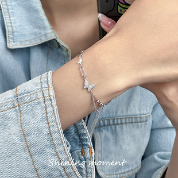 A41750 s925 sterling silver hollowed sparkling rhinestone butterfly charm bracelet